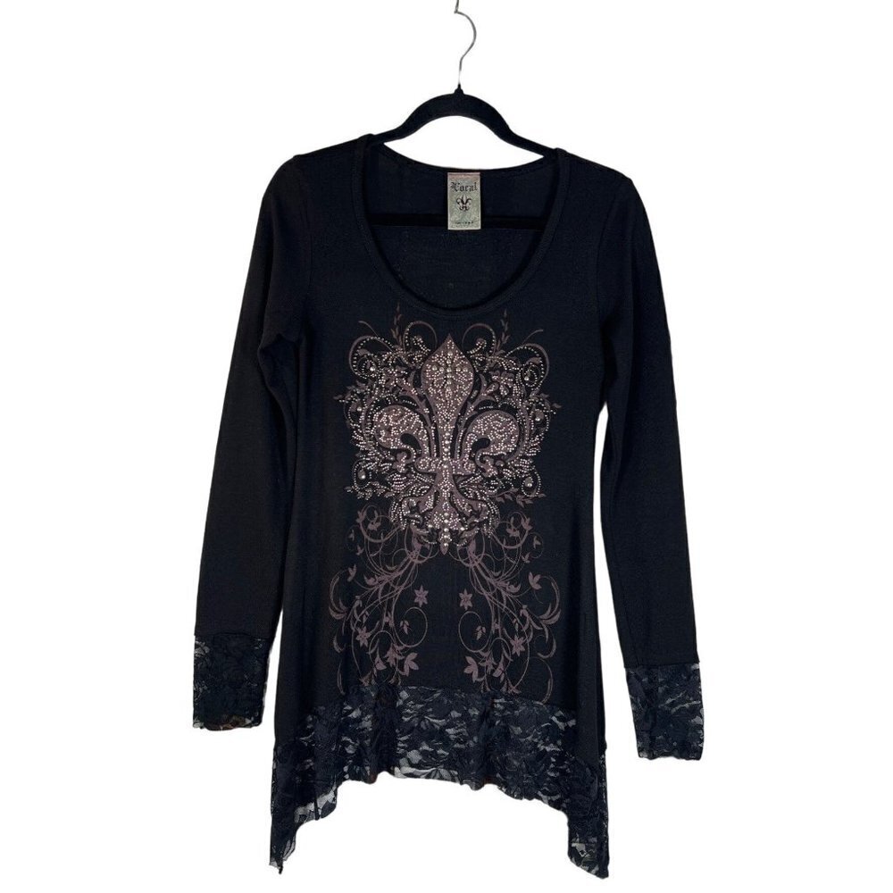 VOCAL Womens Size‎ S Top Rhinestone Metal Studs Fleur De Lis Lace Shark Bite Hem